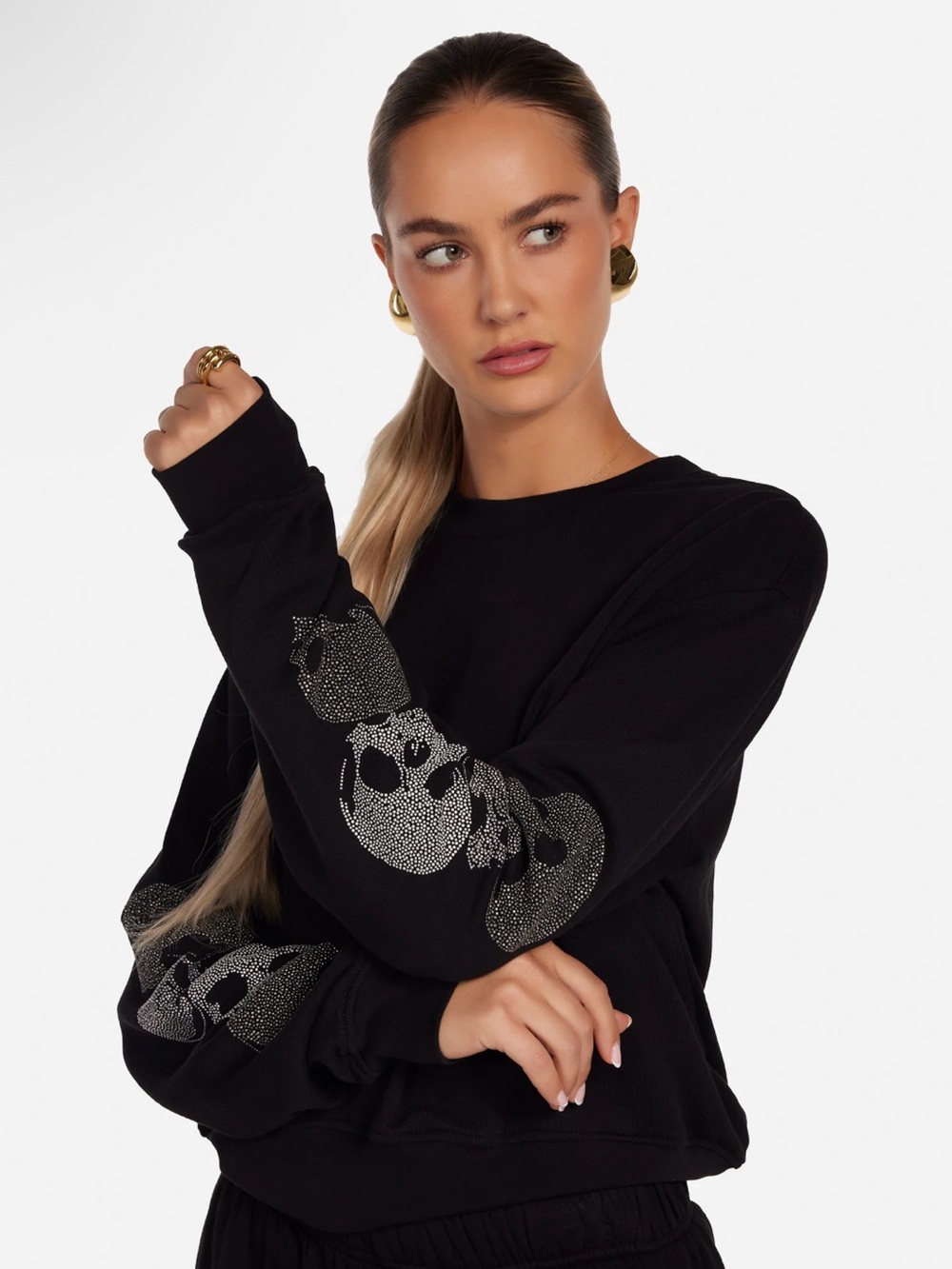 Lauren Moshi Spalding Stud Rhinestone Skulls Crewneck Sweatshirt Large in Black